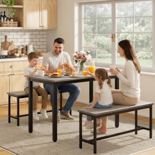 Dining Table Set for 4, 3-Piece Kitchen Table with 2 Benches, Grey