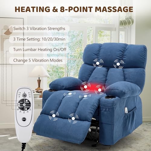 Massage Rocker Recliner Chair for Living Room, Vibration Massage Heat,Blue | USB Charge Port, 4 Pockets, 2 Cup Holders, Ergonomic Comfy Recliners, Sofa Chair, Reading & Bedroom Chair