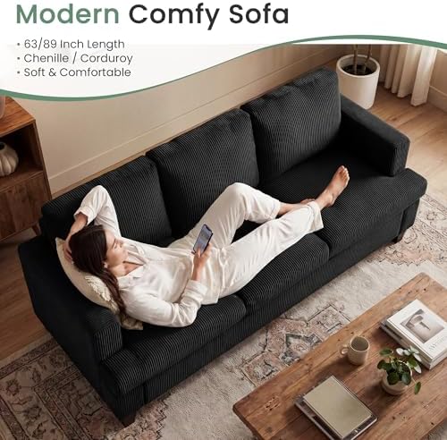 2 Pieces Corduroy Couch Set for Living Room, Black Cloud Sofa, Deep Seat Floo...