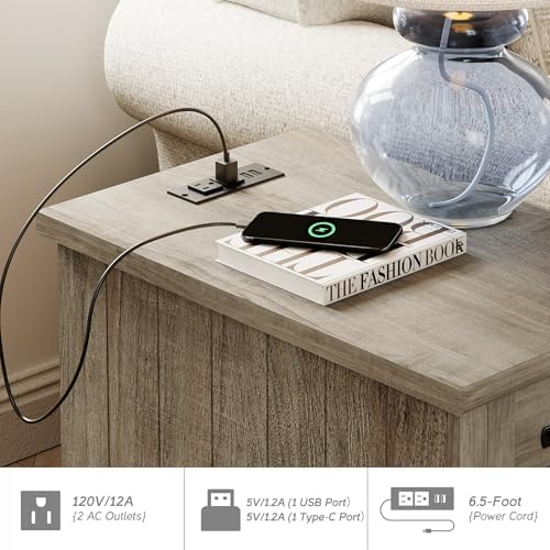 WAMPAT 2 Pack End Tables with Charging Station, Farmhouse Side Table with Dra...