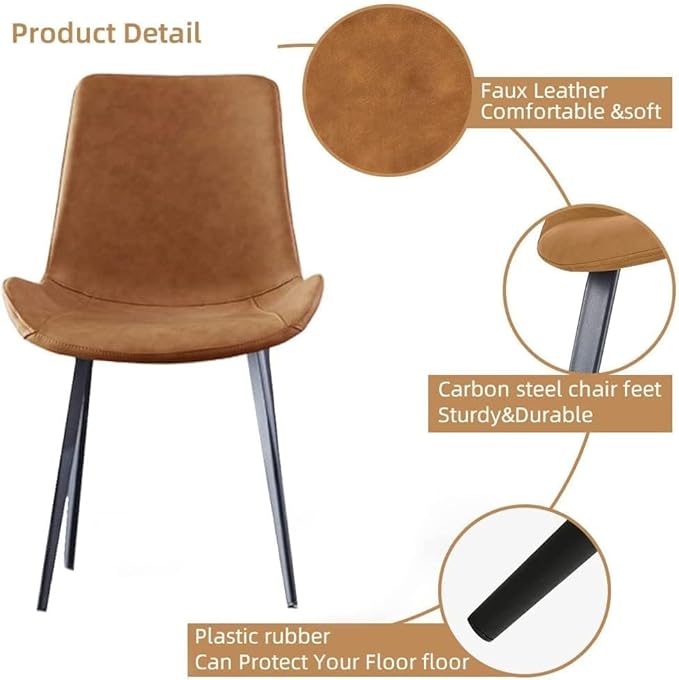 Modern Dining Chairs Set of 4, Upholstered Faux Leather Cushion Seat and Sturdy Metal Legs (4 Brown Chairs)