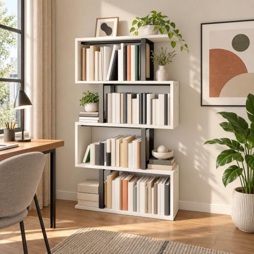 YITAHOME 5-Tier S-Shaped Bookcase, Modern Display Shelf, Cream White