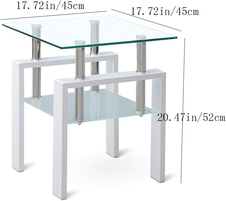 2pcs Modern Glass End Table - Two Tiered Clear Nightstand, Square Tempered Gl...