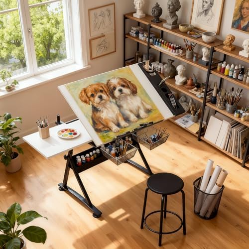 Magshion Drafting Table for Adults w/Stool, White