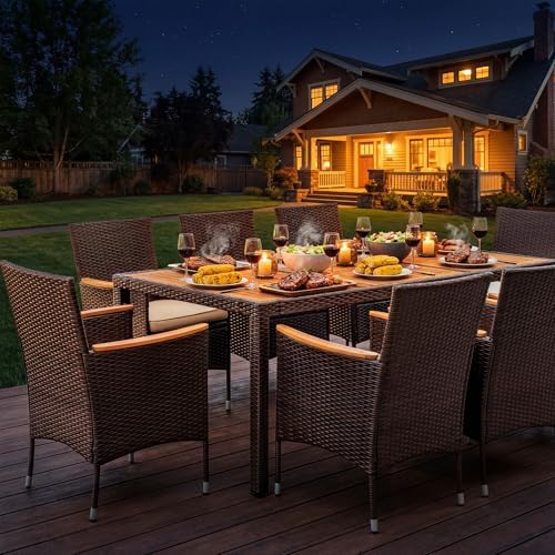 Devoko 9 PCS Acacia Wood Patio Dining Set, Brown Rattan