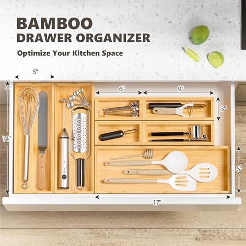 Kitchen Drawer Organizer Bins, Stackable Bamboo Deep Drawer Organizer for Silverware, Utensils, Cutlery, Flatware, Junk Drawer, Dresser, Bathroom, 14" x 5" x 2.5" (Set of 2)