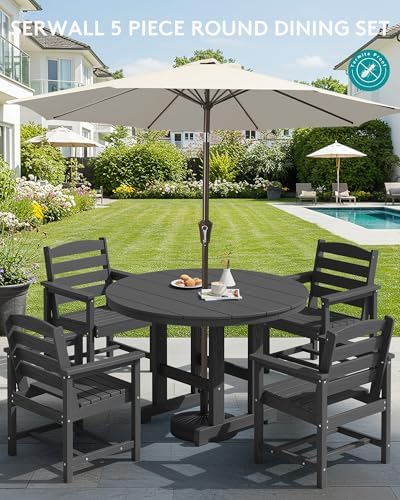 SERWALL 5-Piece HDPE Round Dining Set, 45" Table, 4 Chairs, Black