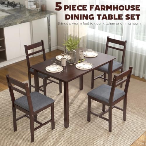 HOMCOM 5-Piece Solid Wood Dining Table Set for 4, Walnut and Gray