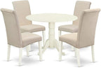 East West Furniture DLBA5-WHI-01 5 Piece Dining Table Set for 4 Includes a Round Kitchen Table with Dropleaf and 4 Cream Linen Fabric Parson Dining Chairs, 42x42 Inch, Linen White
