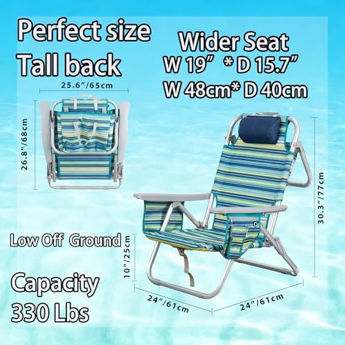 Aluminum Backpack Low Profile Beach Chair - 5-Position Lay Flat Reclining Fol...