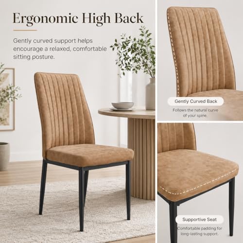 Dining Chairs Set of 4, Suede Upholstered Kitchen Chairs with Metal Legs, Modern Dining Room Chairs with Vertical Channel Backrest, Breathable Armless Chairs for Dining Room, Apartment (Brown, 4)