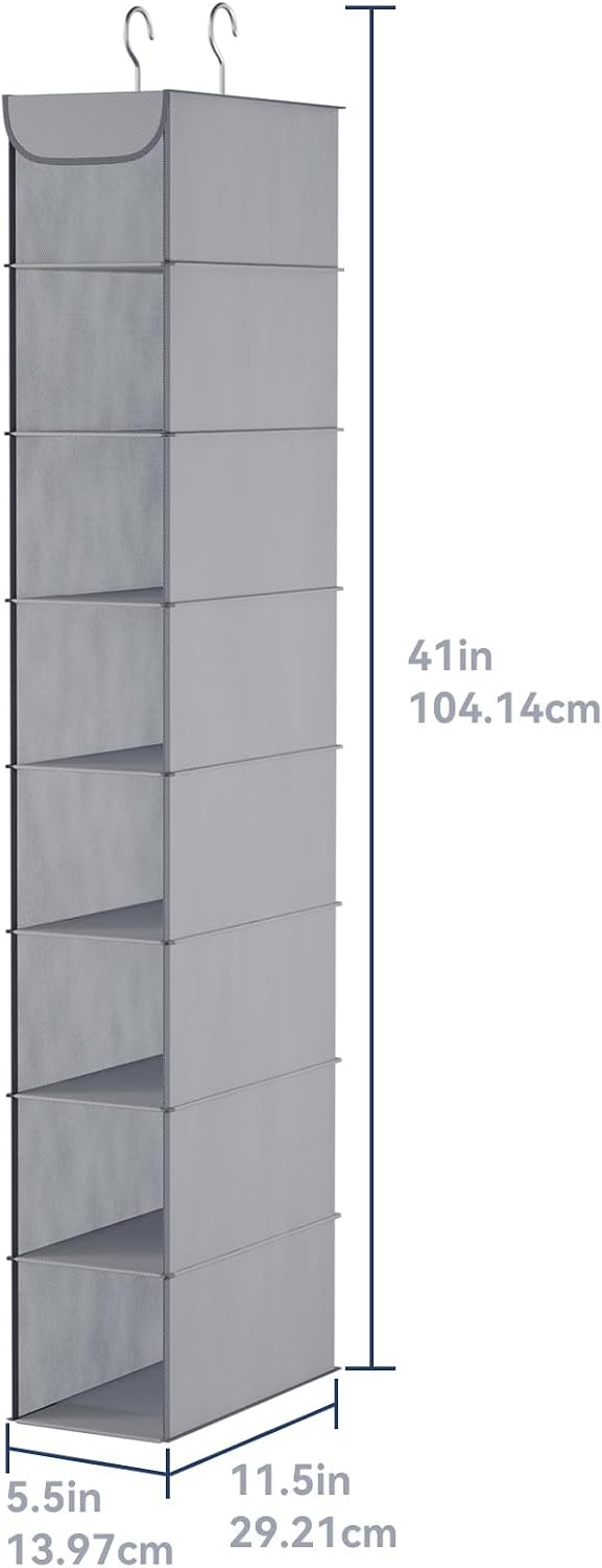 Whitmor Hanging Shoe Organizer, 8 Shelves-Hanging Closet Organizer, Hanging Shoe Rack for Small Closet, Hanging Shelves for Storage Shoes Clothes 11.5" D x 5.5" W x 41" H, Grey