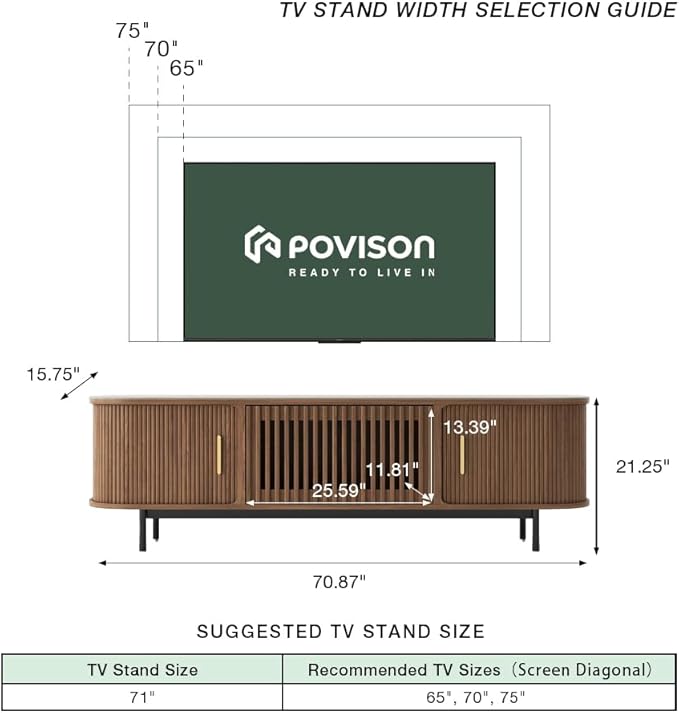 POVISON Fully-Assembled Sliding Tambour Door TV Stand, Mid Century Modern Sintered Stone TV Console, Wood Media Console for 70 Inch TV, Entertainment Center with Storage Cabinet(Walnut, 70.87")