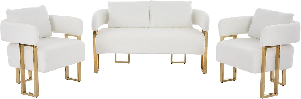 Loveseat Sofa and 2 Modern Accent Chairs no Wheels, Living Room Side Chairs with Golden Metal Legs, Barrel Soft TeddyUpholstered Reading Armchairs for OfficeStudyReception RoomBedroomLounge,White