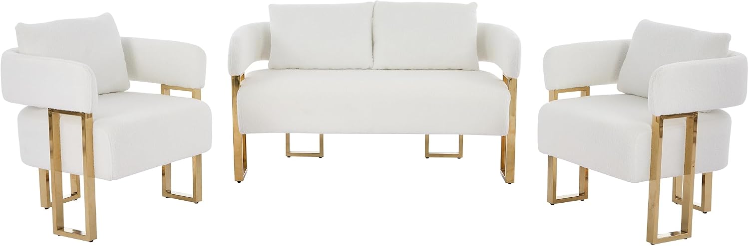 Loveseat Sofa and 2 Modern Accent Chairs no Wheels, Living Room Side Chairs with Golden Metal Legs, Barrel Soft TeddyUpholstered Reading Armchairs for OfficeStudyReception RoomBedroomLounge,White