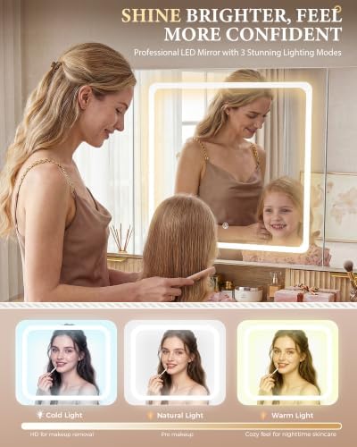 COMHOMA Vanity Desk with 3-Way Mirror and Lights, Makeup Vanity with 360° Vie...