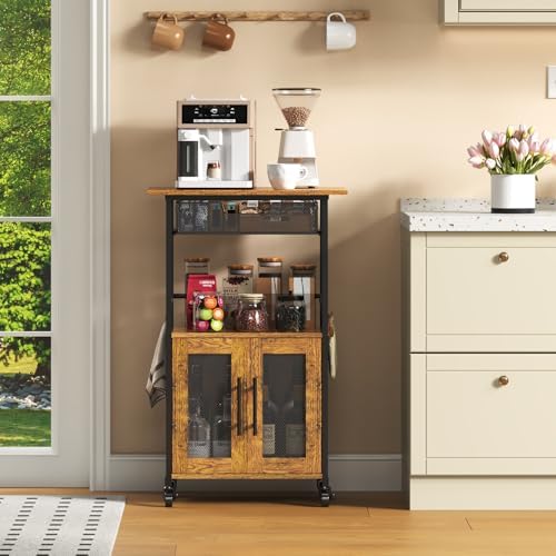 3 Tier Slim Rolling Coffee Cart with 2-Door & Pull-Out Wire Basket Drawer...