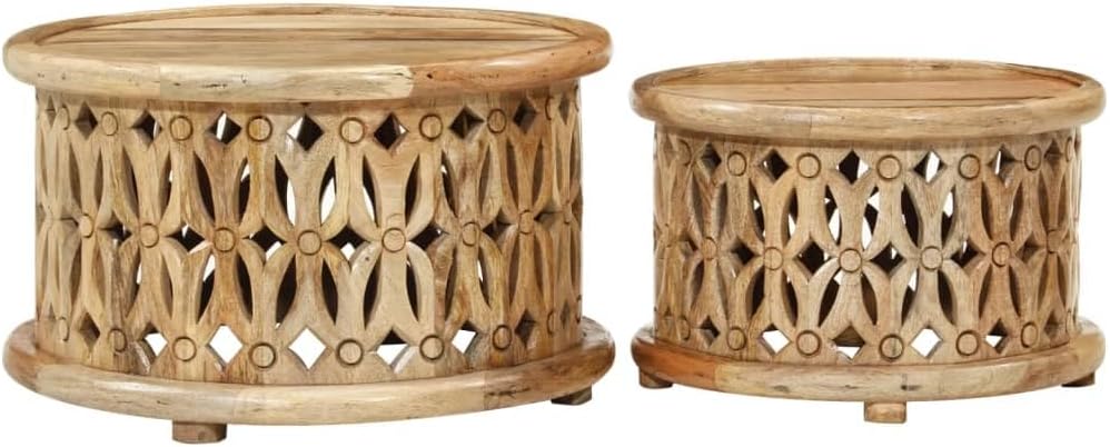 2 Piece Coffee Table Set Solid Mango Wood Round Nesting Side Tables for Livin...