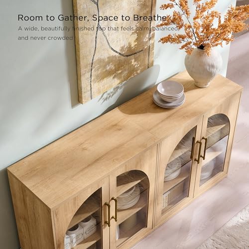 ACCOHOHO Glass Arched Door Sideboard Buffet Cabinet Set of 2, Natural Oak
