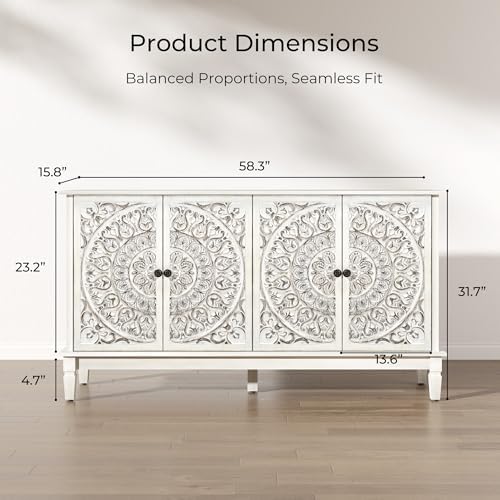 59" Solid Wood Buffet Cabinet, Accent Cabinet, 4 Carved Doors
