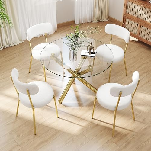 Gold Round Glass Dining Table Set for 4, 36'' Small Modern Kitchen Ta...