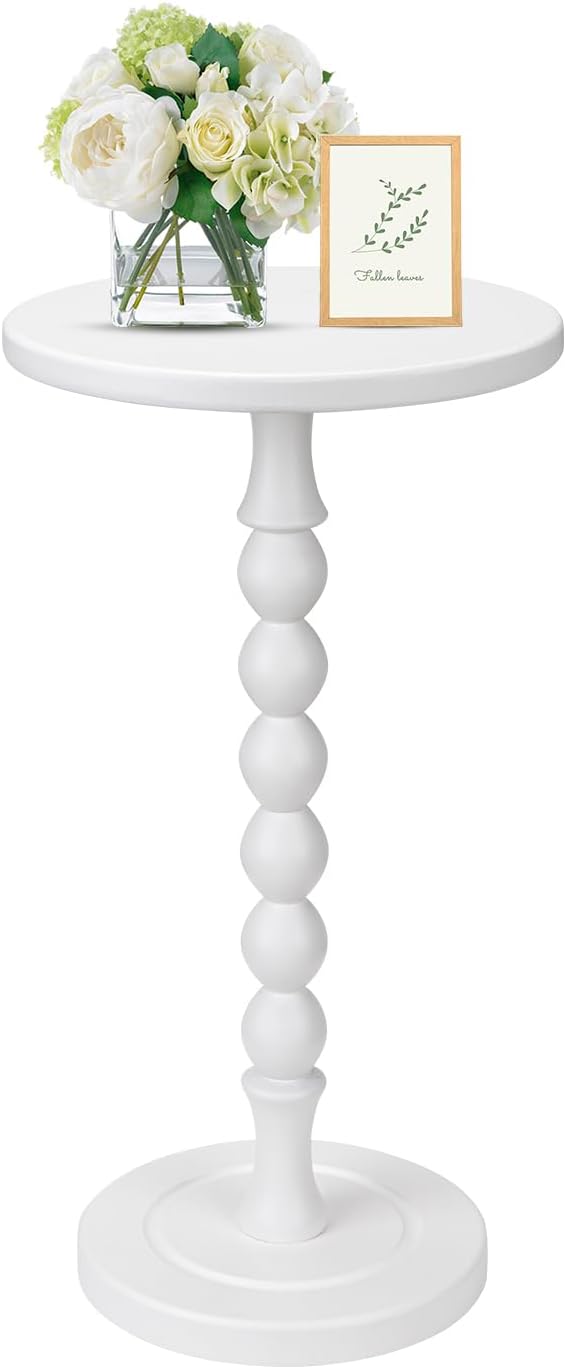 Round Side Table for Small Spaces, Drink Table with Oak Wood Pedestal, Modern...
