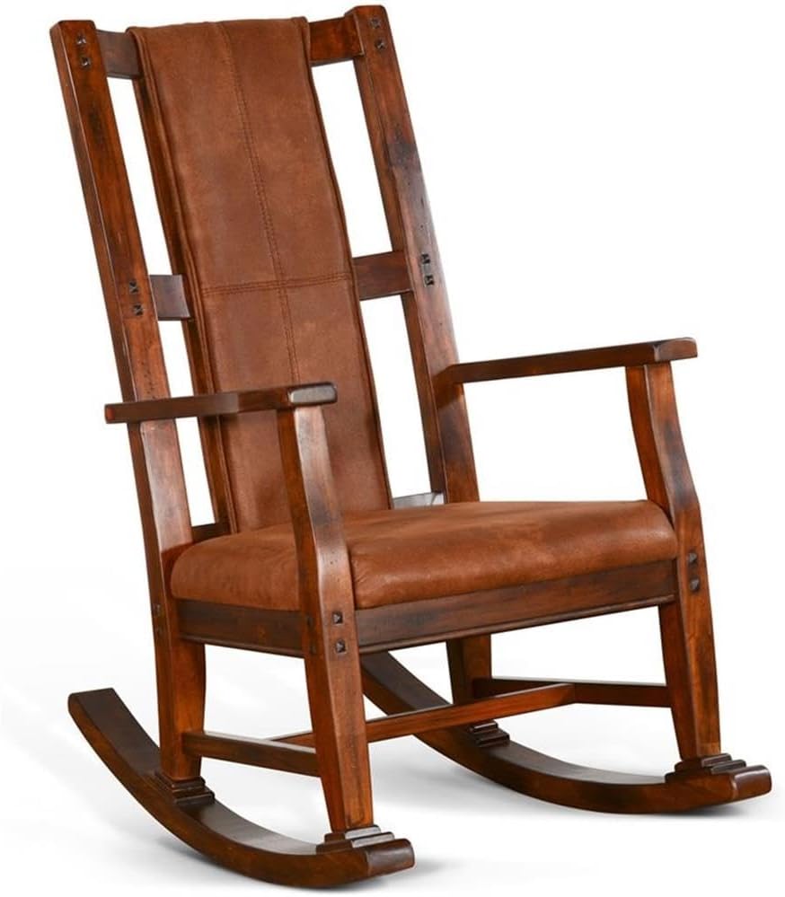 Pemberly Row Mahogany Rocking Chair with Cushioned Seat and Back, Studded Acc...