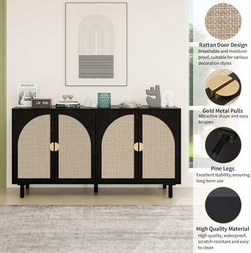 vistavie Black Rattan Buffet 4-Door Storage Cabinet with Adjustable Shelves, ...