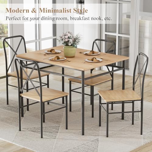 VECELO Dining Table Set for 4, 5-Piece Wood Kitchen Table with Chairs for Sma...