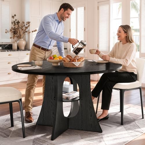 47-Inch Round Dining Table for 4-6, Sculptural Base, Black