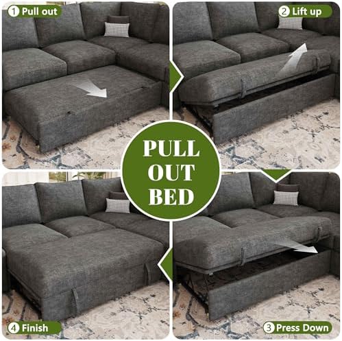 108 Inch Sectional Sleeper Sofa with Pull Out Bed, U Shaped 7 Seat Modular Sectional Sofa with Storage, Sectional Couches for Living Room, Cloud Modular Couch,Removable Sofa Cover, Dark Grey