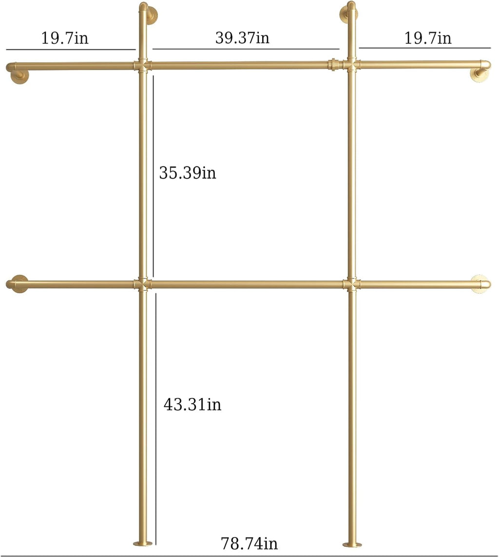 Gold Pipe Clothing Rack Wall Mounted, Industrial Pipe Clothes Racks with 6 Hanging Rods, Heavy Duty Clothing Racks for Laundry Room, Closet Systems for Walk in Closets