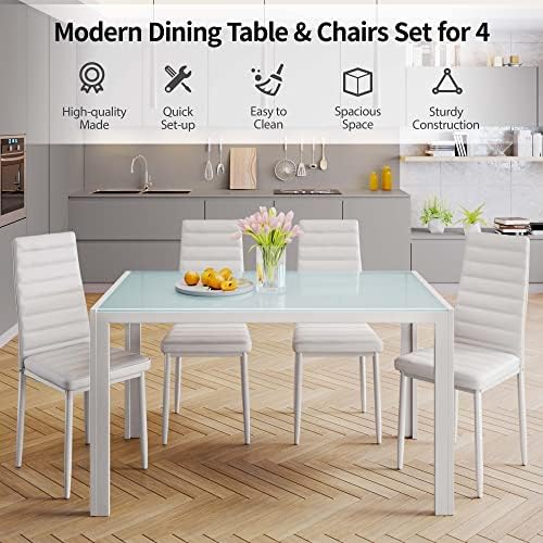 Gizoon White 5 Piece Glass Dining Table Set, Kitchen Table and Chairs for 4