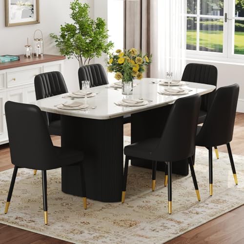 Ebullient White Dining Table Set for 6, 67'' Marble Oval Dining Table Set with 6 Metal Chairs, 3.5'' Thick Marble-Grain Top and Matte Black Wood Base, Space-Saving 7 Piece Kitchen Table Set