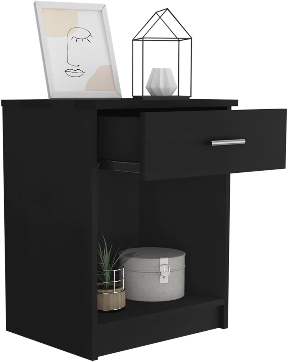 Nightstand 21" H, One Drawer, Low Shelf, Superior Top, Black,for Small S...
