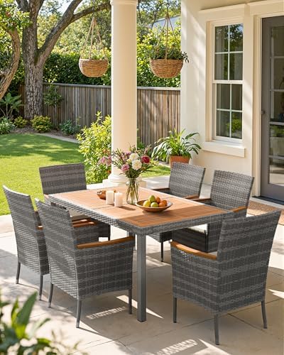 Flamaker Patio Dining Set for 6 Outdoor Acacia Wood Table and Chairs, Gray