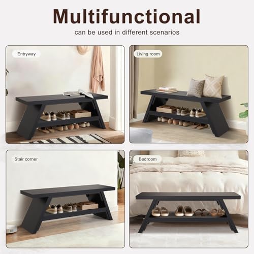 2-Tier Shoe Storage Bench, 47" Solid Wood Entryway Stool Storage | Narro...