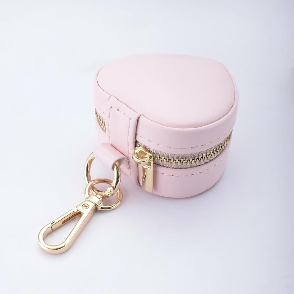 Heart Shape Ring Holder Keychain, Mini Travel Jewelry Case for Wedding Ring, Sports & Vacation, Portable Zipper Clutch Organizer for Earrings Necklace, Premium Gift for Women Girls (Pink)