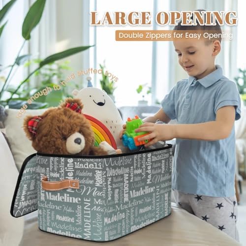 Personalized Name Storage Basket, Custom Keepsake Box, Grey Green | Foldable Fabric Gradient Large Memory Bin with Handle Lid Lightweight Waterproof Dustproof, 14"L x 10.2"W x 10.4"H