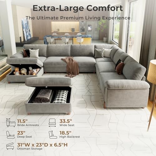SITJOY Cloud Couch Sectional, 6 Seater V-Shaped, Chenille in Light Gray | Det...