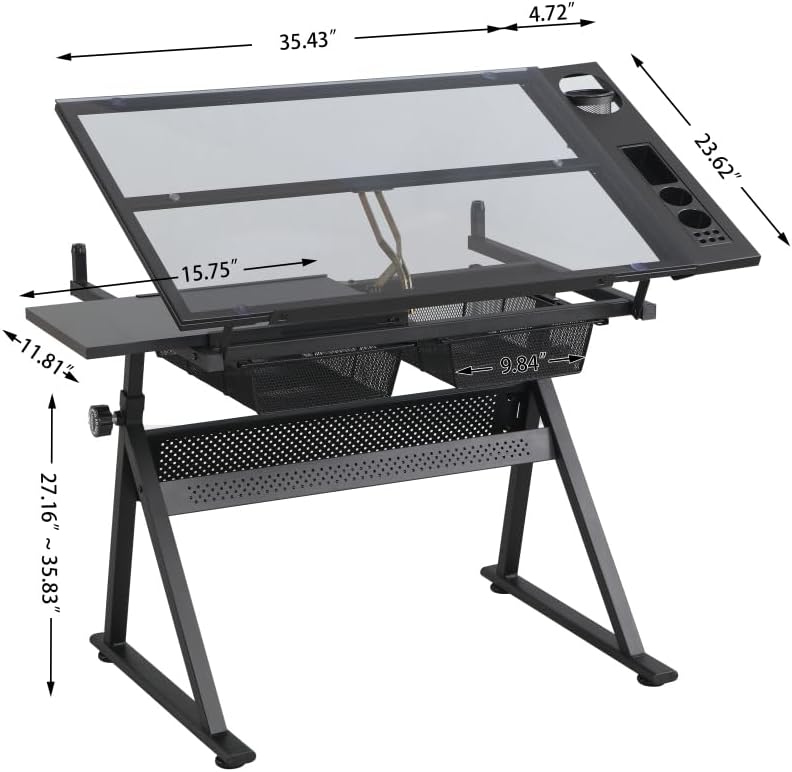 Height Adjustable Drafting Table with 0-70° Tilting Glass Top, Black | 27.2-3...
