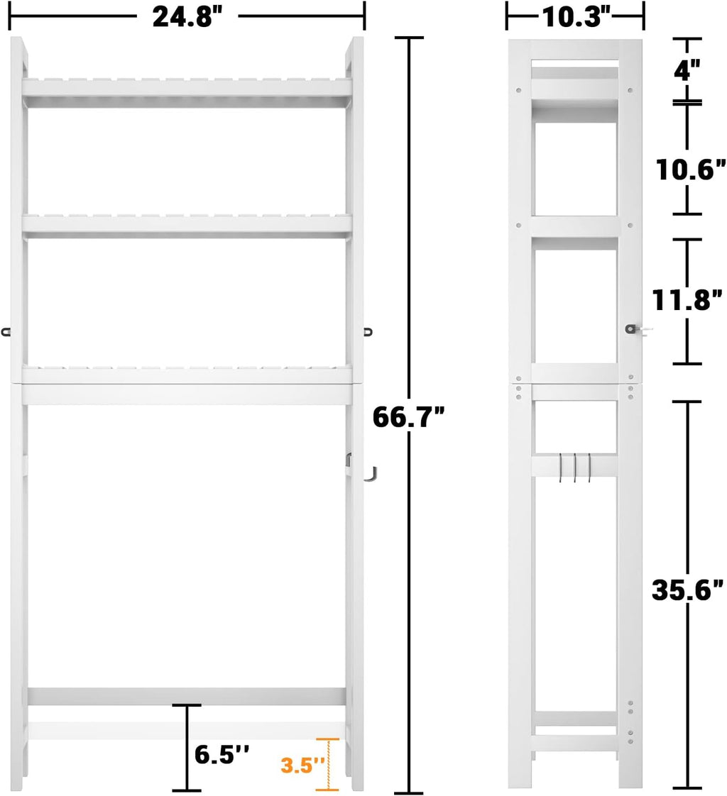 Homykic Over The Toilet Storage, Bamboo Over Toilet Bathroom Organizer Rack, Freestanding Bathroom Shelves Above Toilet Storage with 3 Hooks, Bathroom Space Saver, No Rust, Easy to Assemble, White