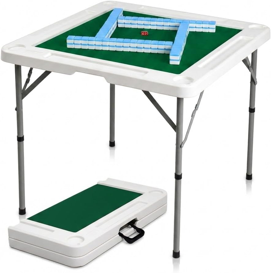 Byliable 34.6" Folding Mahjong Table, Portable Game Table with Cup Holders | Foldable Design, Carry Handle, 4 Cup Holders, 4 Storage Slots, HDPE Tabletop, Steel Legs, Quiet Playing Mat