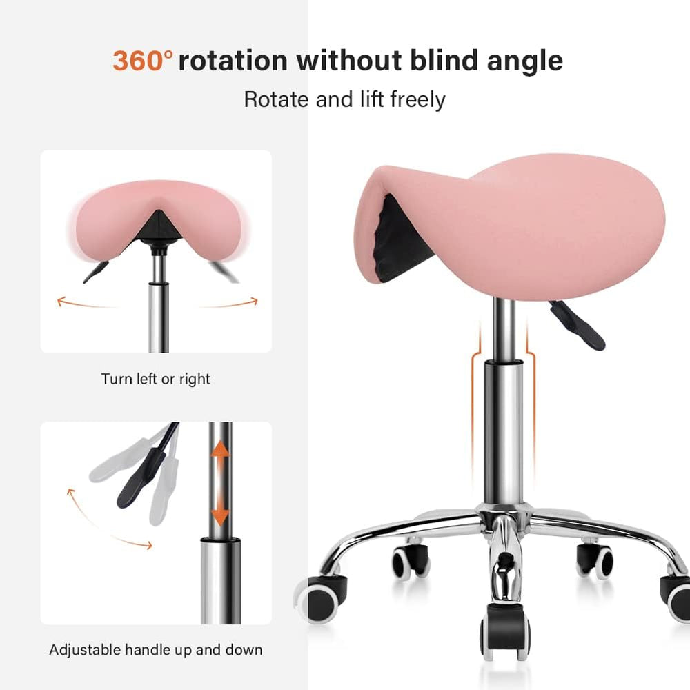 KKTONER Rolling Saddle Stool PU Leather Swivel Adjustable Rolling Stool with ...