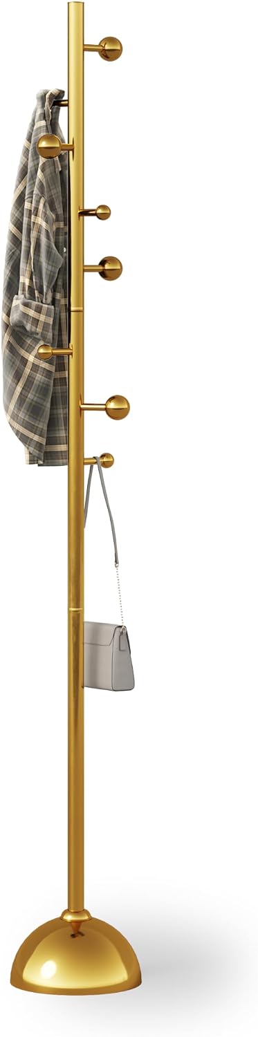 Metal Freestanding Coat Tree with 8 Hooks, Sturdy Coat Rack Stand with Sturdy Base for Clothes/Hats/Bags/Scarves, Coat Rack for Bedroom, Office, Living Room, Entryway, Heavy Duty Base, Gold