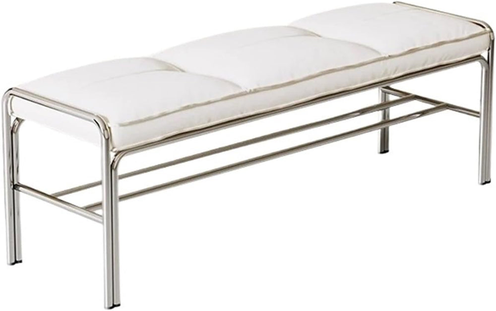 Modern Stainless Steel Long Bench with White Leather Cushion Home-use Soft-Pa...