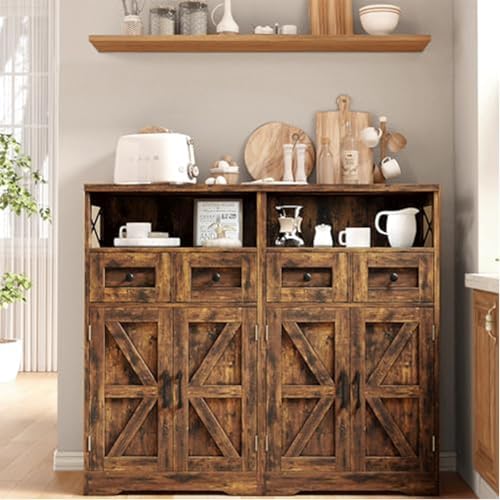 FiveWillowise Rustic Brown Farmhouse Storage Cabinet with Barn Doors and Shel...