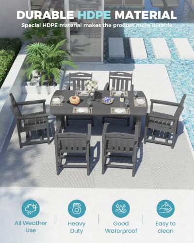 Ciokea HDPE Outdoor Dining Set of 6, Patio Table and Chairs Sets, Grey