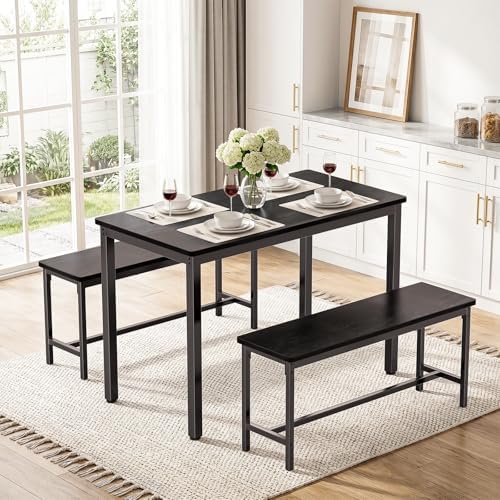 Dining Table Set for 4, Kitchen Table with 2 Benchs, Black