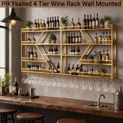 79" 4-Tier Wall Mounted Wine Rack,Metal Gold Bar Shelf,Liquor Glass Holder